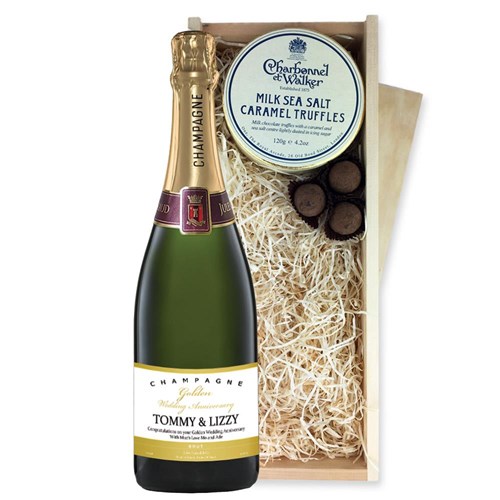 Personalised Champagne - Golden Anniversary Label And Milk Sea Salt Charbonnel Chocolates Box